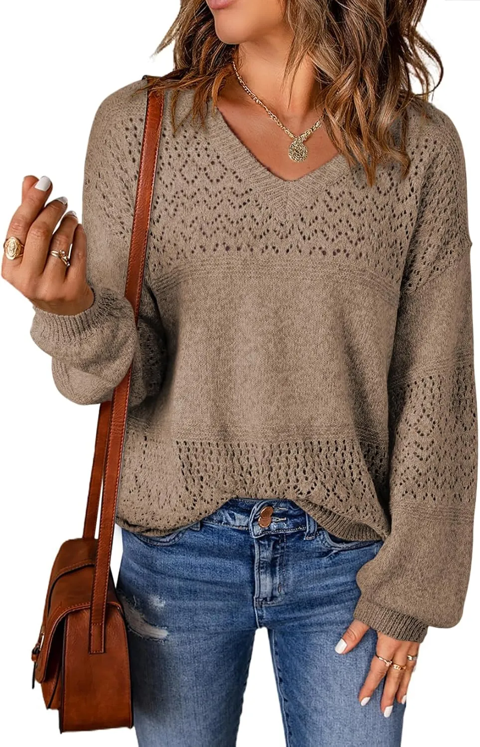 SHEWIN Womens Sweaters Casual Long Sleeve V Neck Lightweight Crochet Pullover Sweater Tops