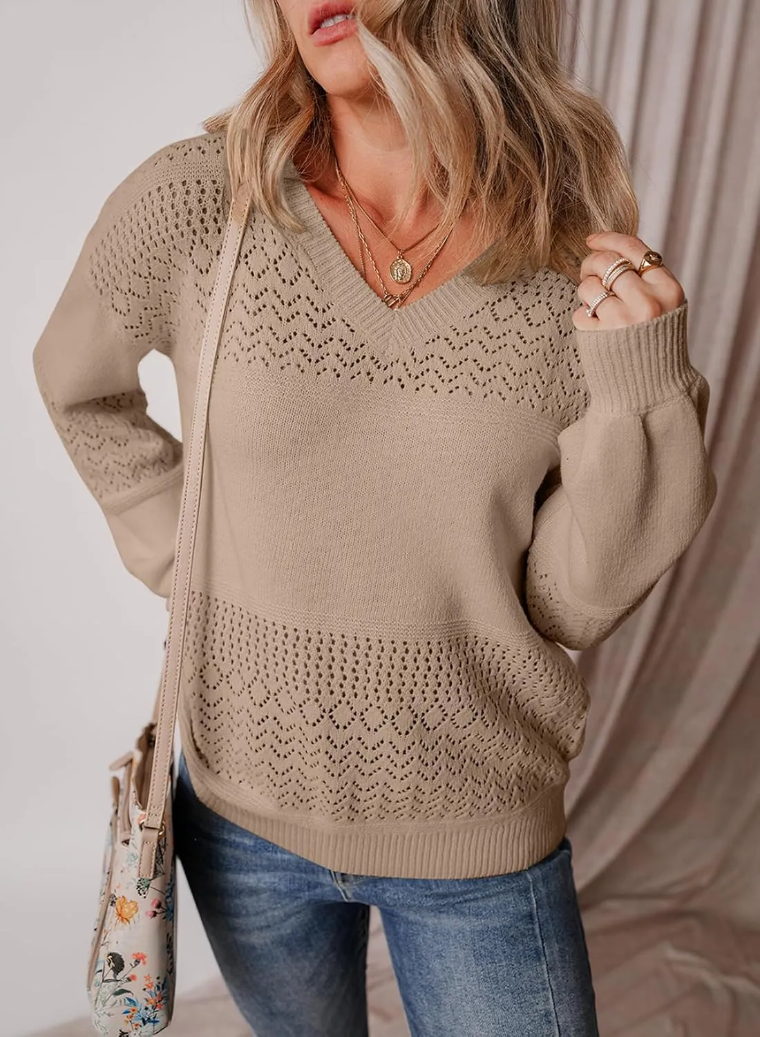 SHEWIN Womens Sweaters Casual Long Sleeve V Neck Lightweight Crochet Pullover Sweater Tops