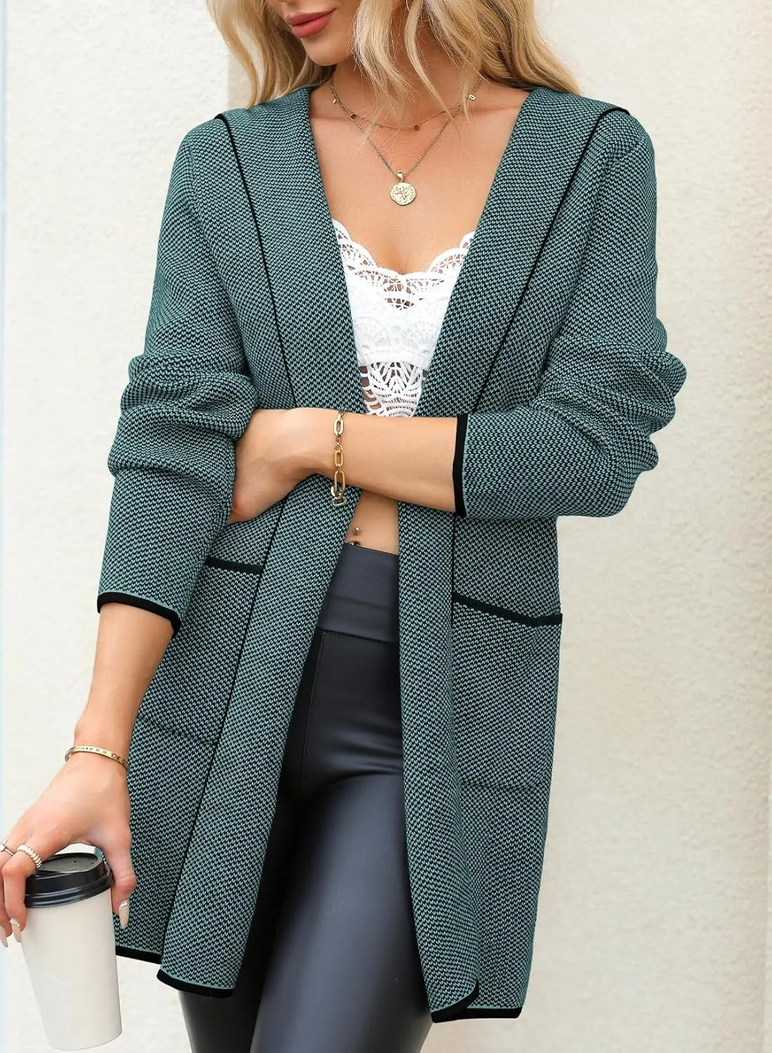 Sidefeel Women's 2024 Fall Long Sleeve Open Front Contrast Cardigan Sweaters Oversized Chunky Knit Hooded Sweaters Coat