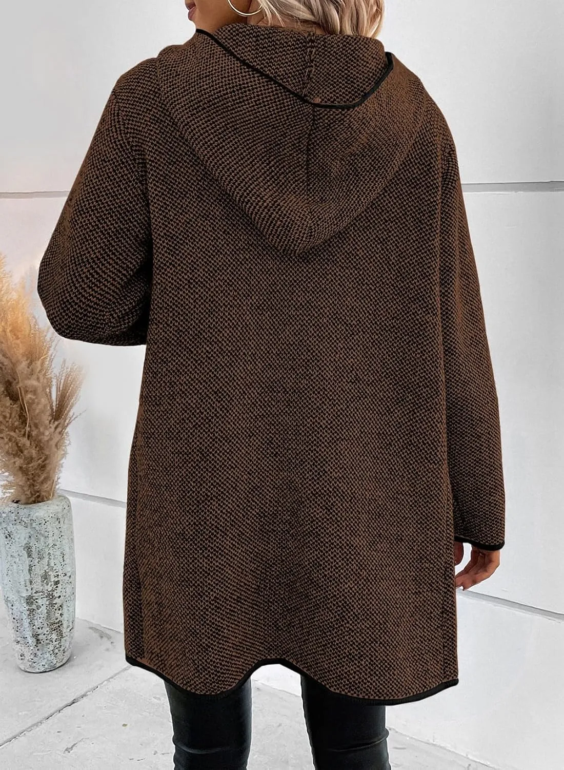 Sidefeel Women's 2024 Fall Long Sleeve Open Front Contrast Cardigan Sweaters Oversized Chunky Knit Hooded Sweaters Coat