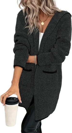 Sidefeel Women's 2024 Fall Long Sleeve Open Front Contrast Cardigan Sweaters Oversized Chunky Knit Hooded Sweaters Coat