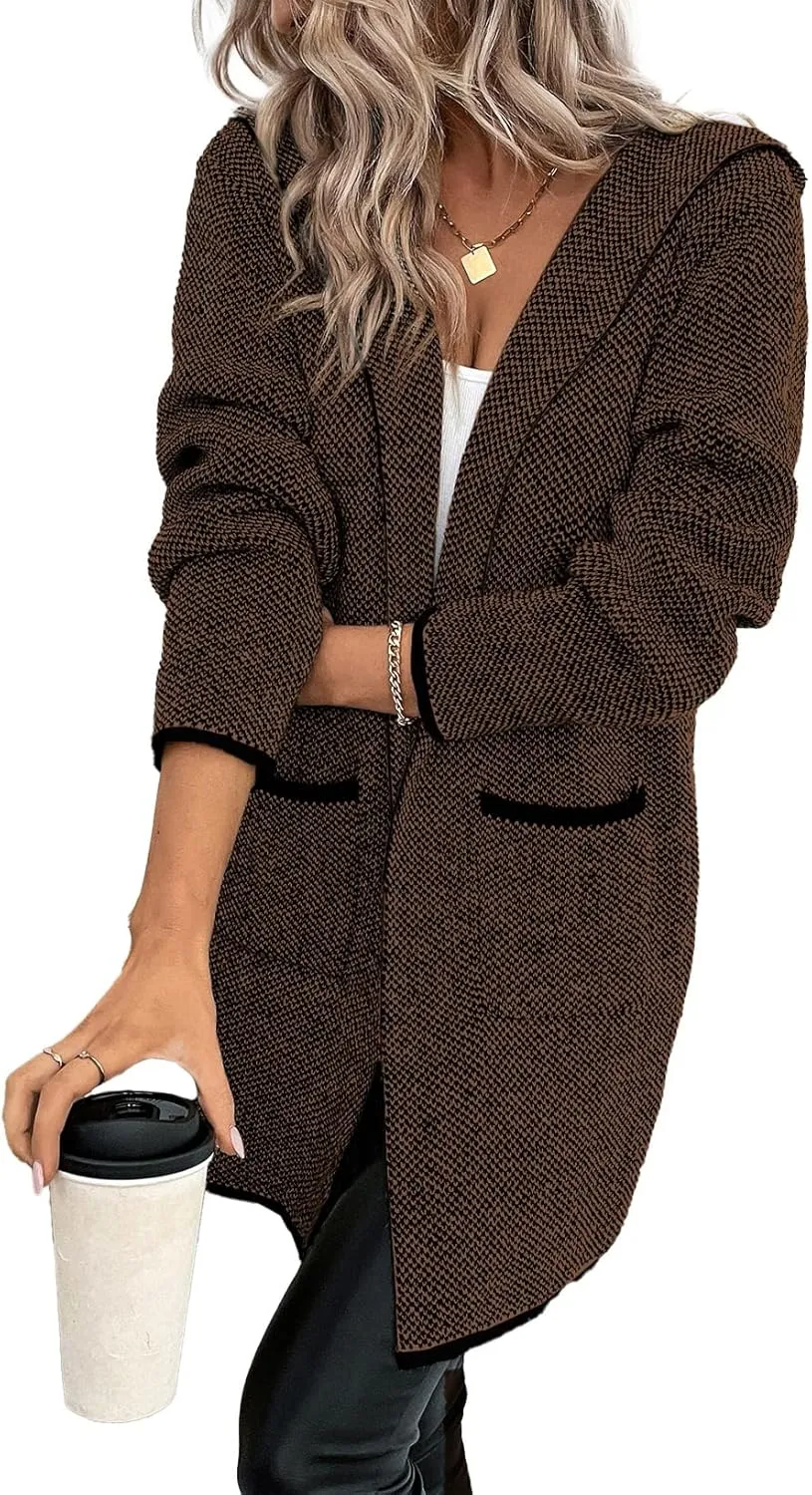 Sidefeel Women's 2024 Fall Long Sleeve Open Front Contrast Cardigan Sweaters Oversized Chunky Knit Hooded Sweaters Coat