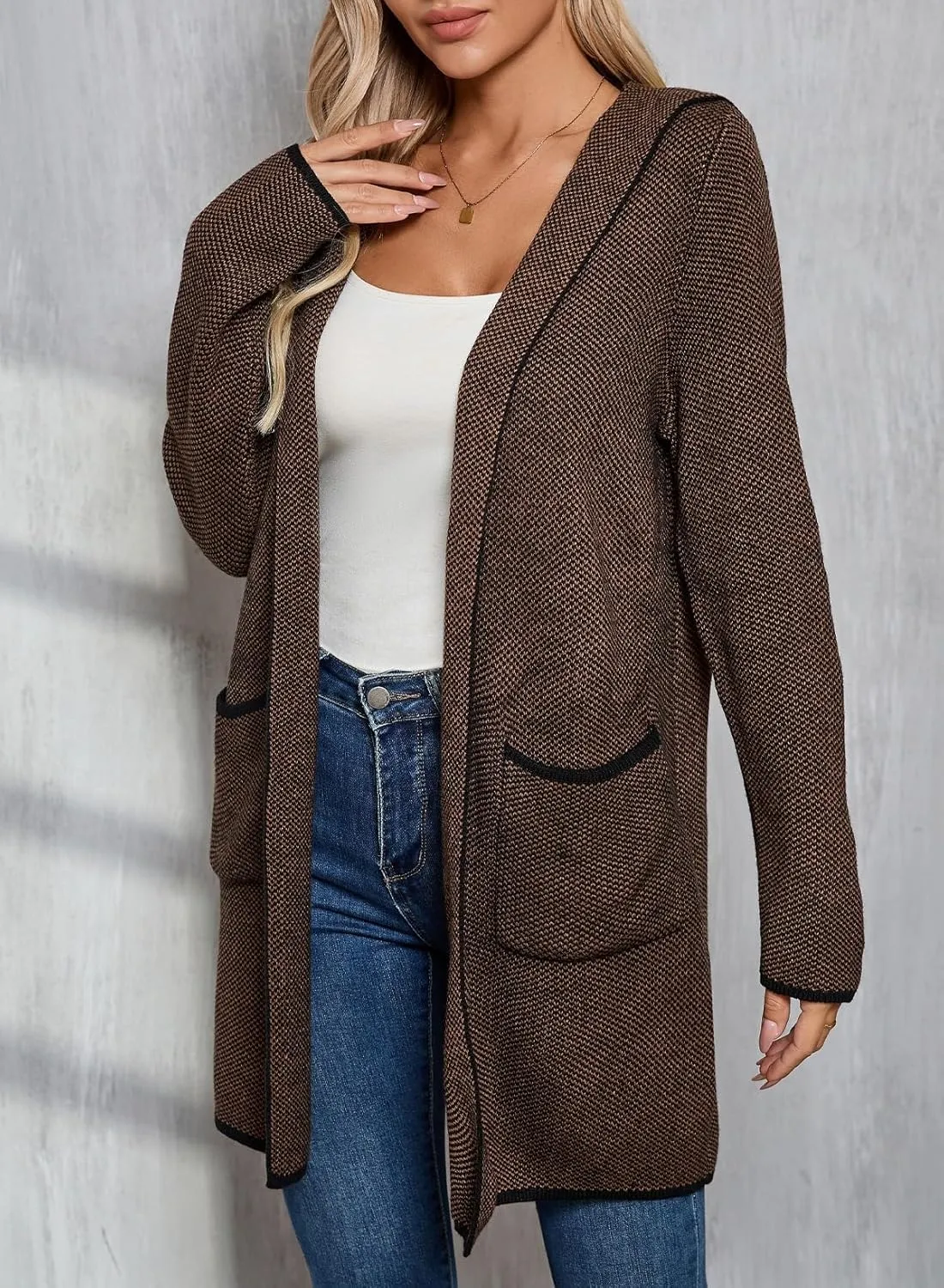 Sidefeel Women's 2024 Fall Long Sleeve Open Front Contrast Cardigan Sweaters Oversized Chunky Knit Hooded Sweaters Coat