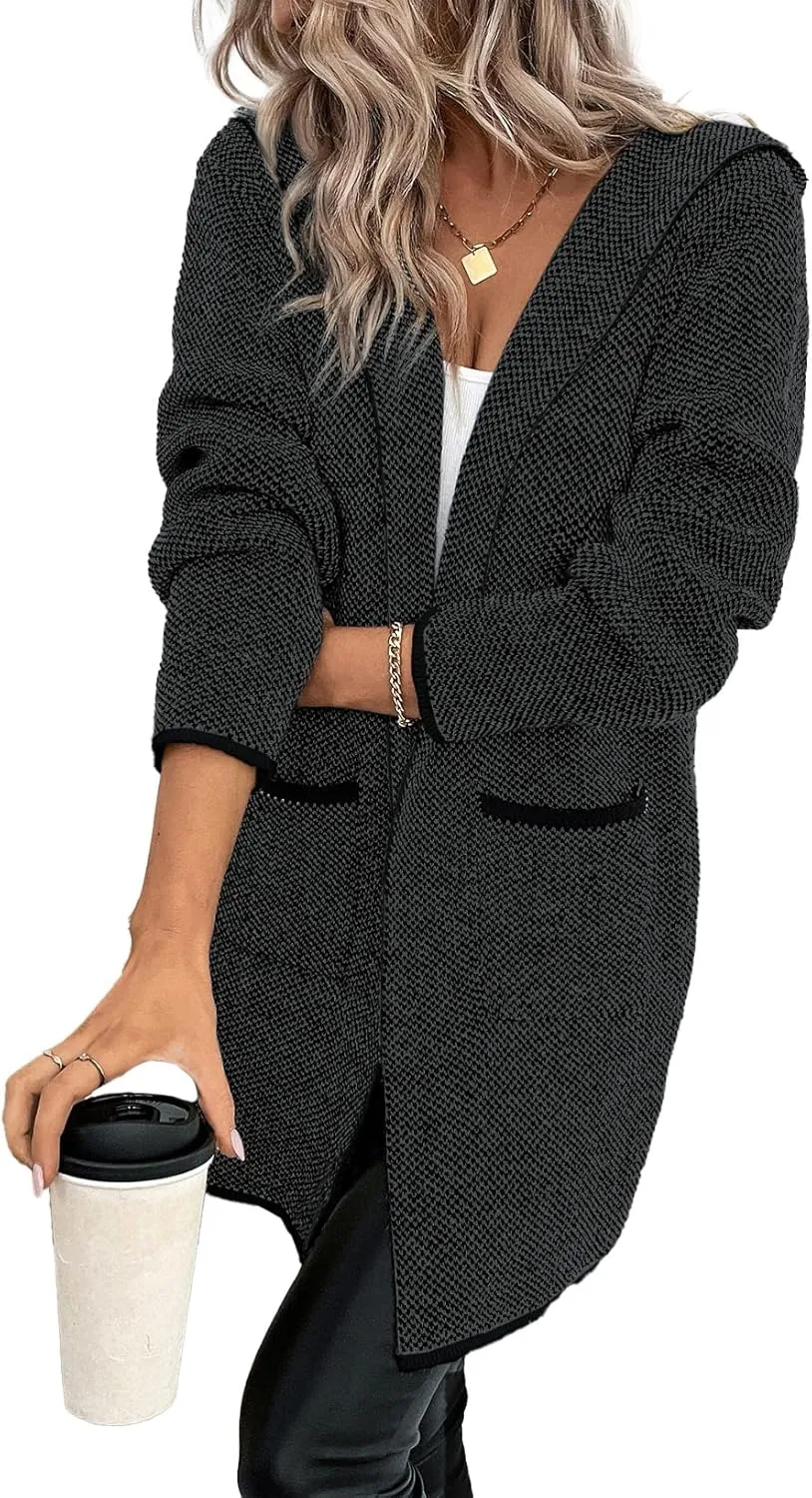 Sidefeel Women's 2024 Fall Long Sleeve Open Front Contrast Cardigan Sweaters Oversized Chunky Knit Hooded Sweaters Coat