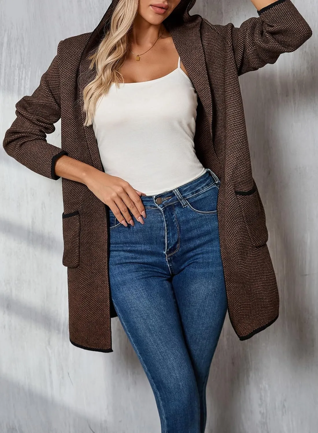 Sidefeel Women's 2024 Fall Long Sleeve Open Front Contrast Cardigan Sweaters Oversized Chunky Knit Hooded Sweaters Coat