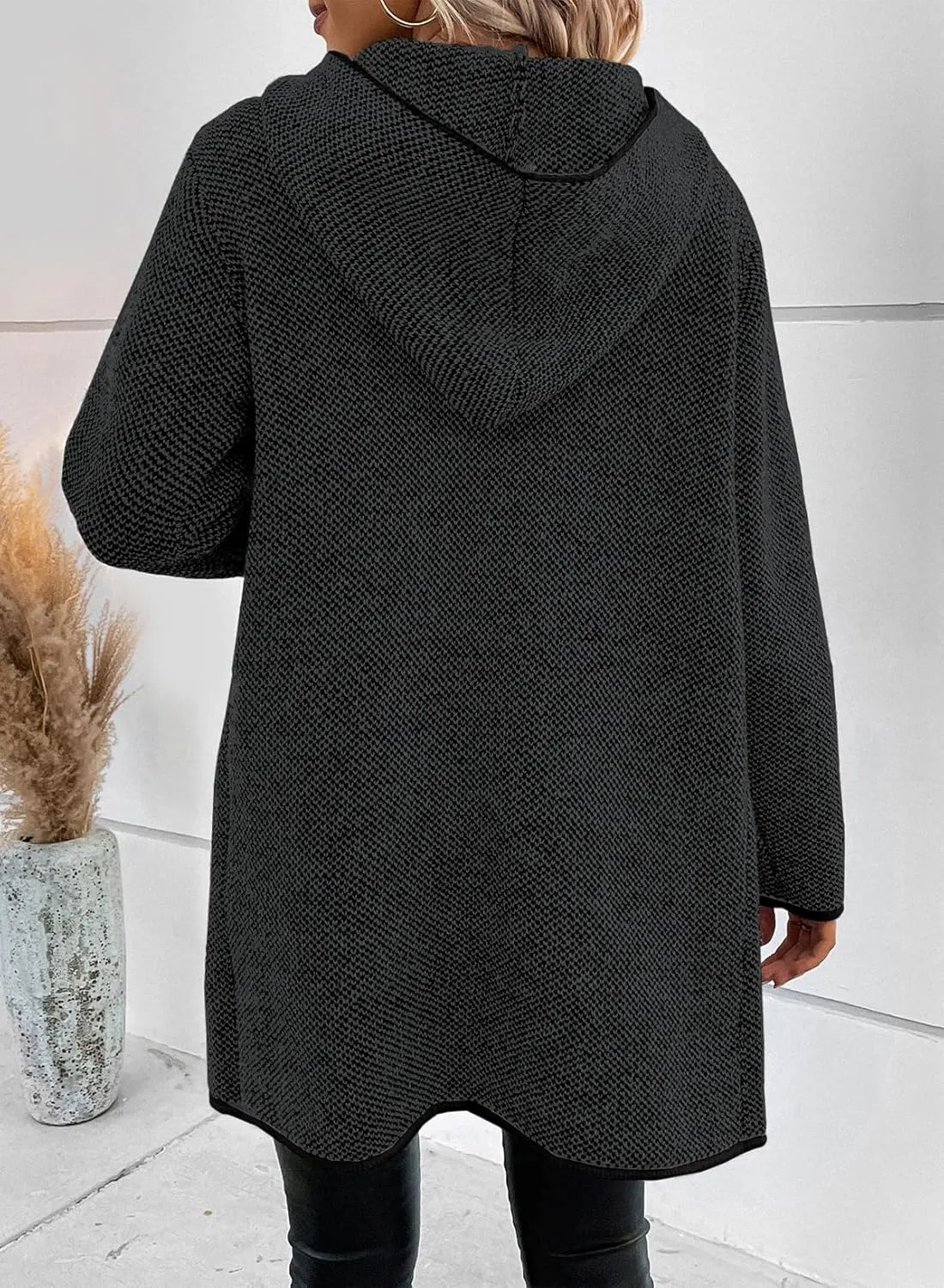 Sidefeel Women's 2024 Fall Long Sleeve Open Front Contrast Cardigan Sweaters Oversized Chunky Knit Hooded Sweaters Coat