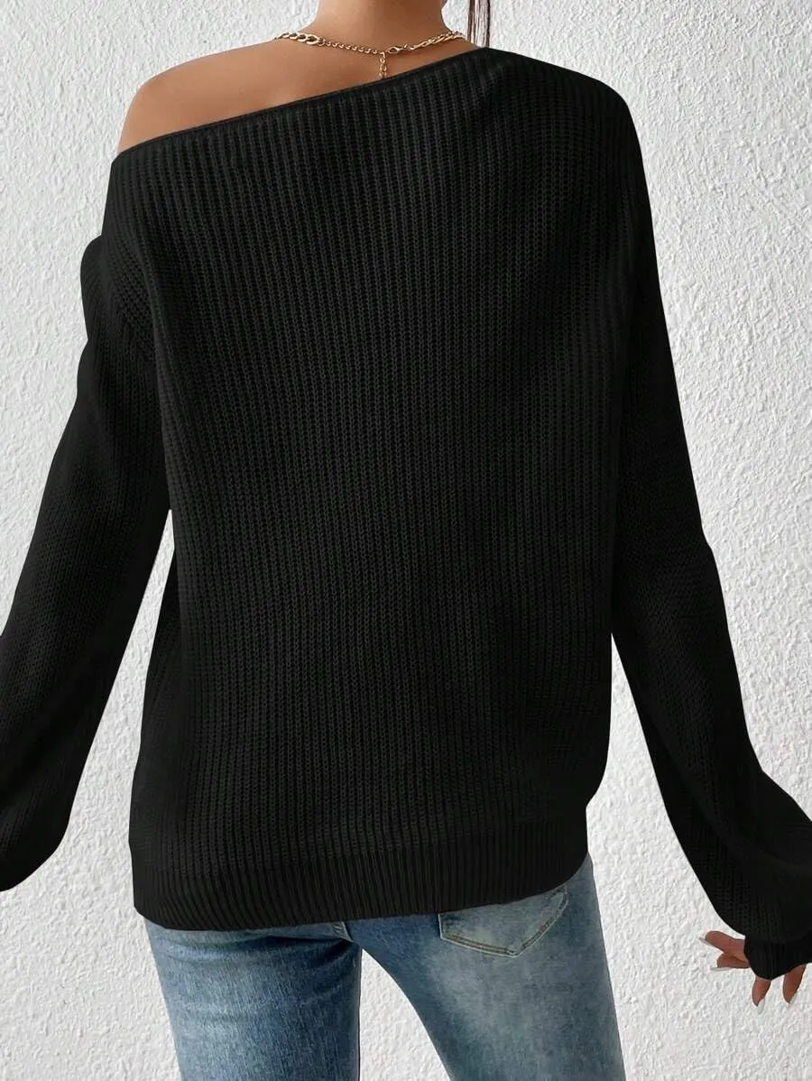 SKAYS Womens Off The Shoulder Sweater Asymmetrical Neck Fall Ribbed Knit Long Sleeve Pullover Sweaters for Women