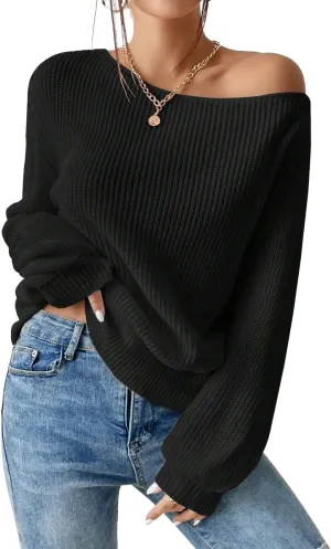 SKAYS Womens Off The Shoulder Sweater Asymmetrical Neck Fall Ribbed Knit Long Sleeve Pullover Sweaters for Women