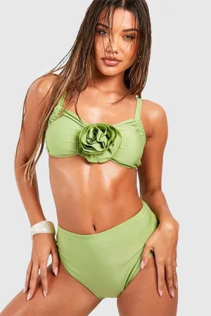 Solid Color 3D Flower Decor Flattering Bikini