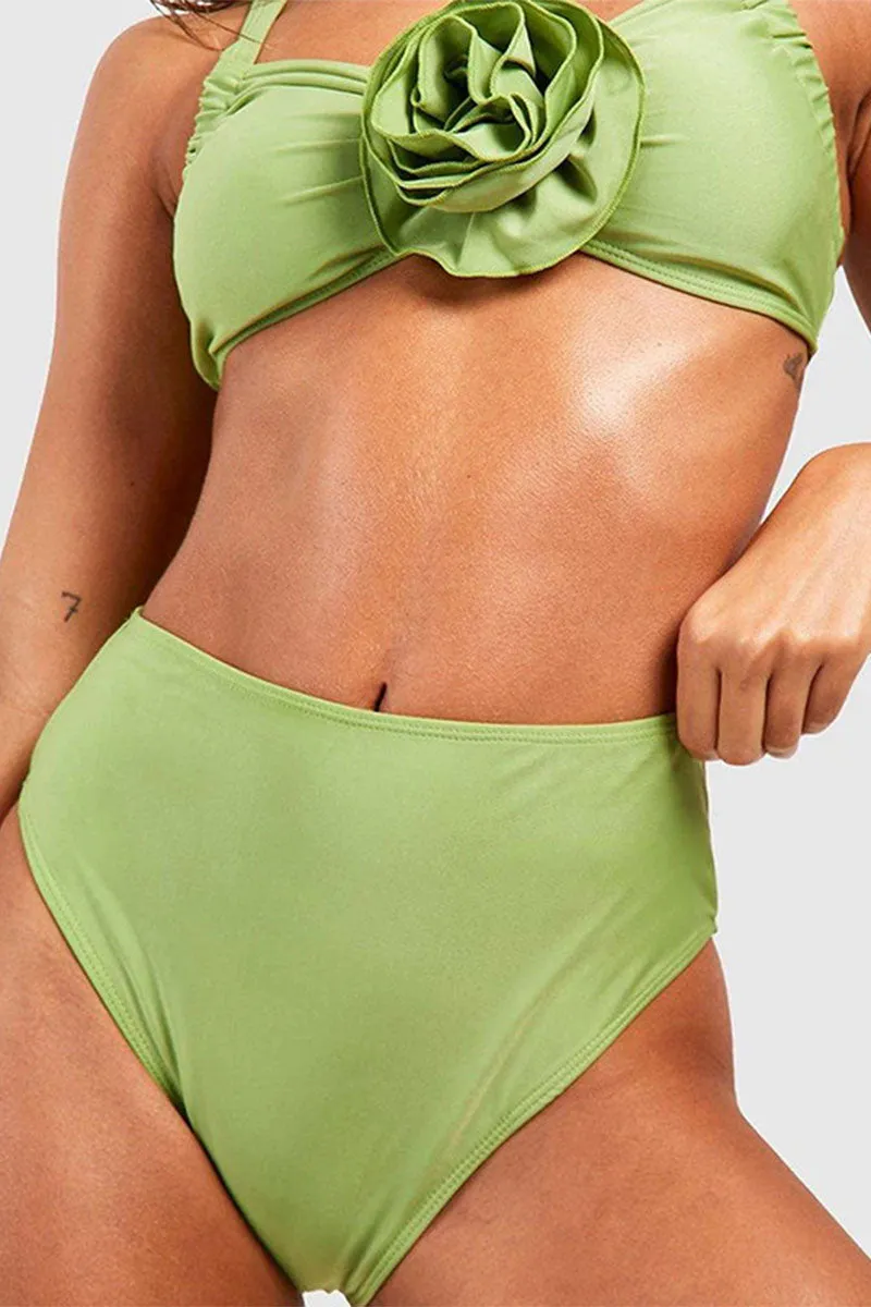 Solid Color 3D Flower Decor Flattering Bikini