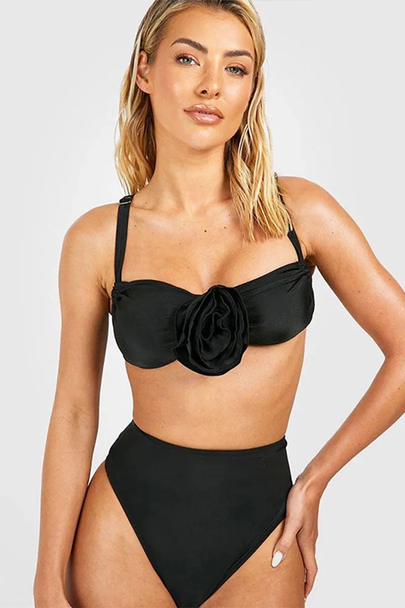 Solid Color 3D Flower Decor Flattering Bikini