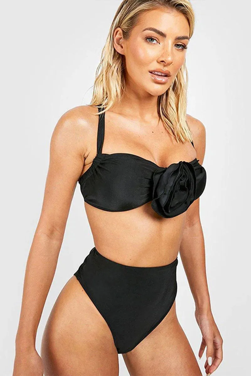 Solid Color 3D Flower Decor Flattering Bikini