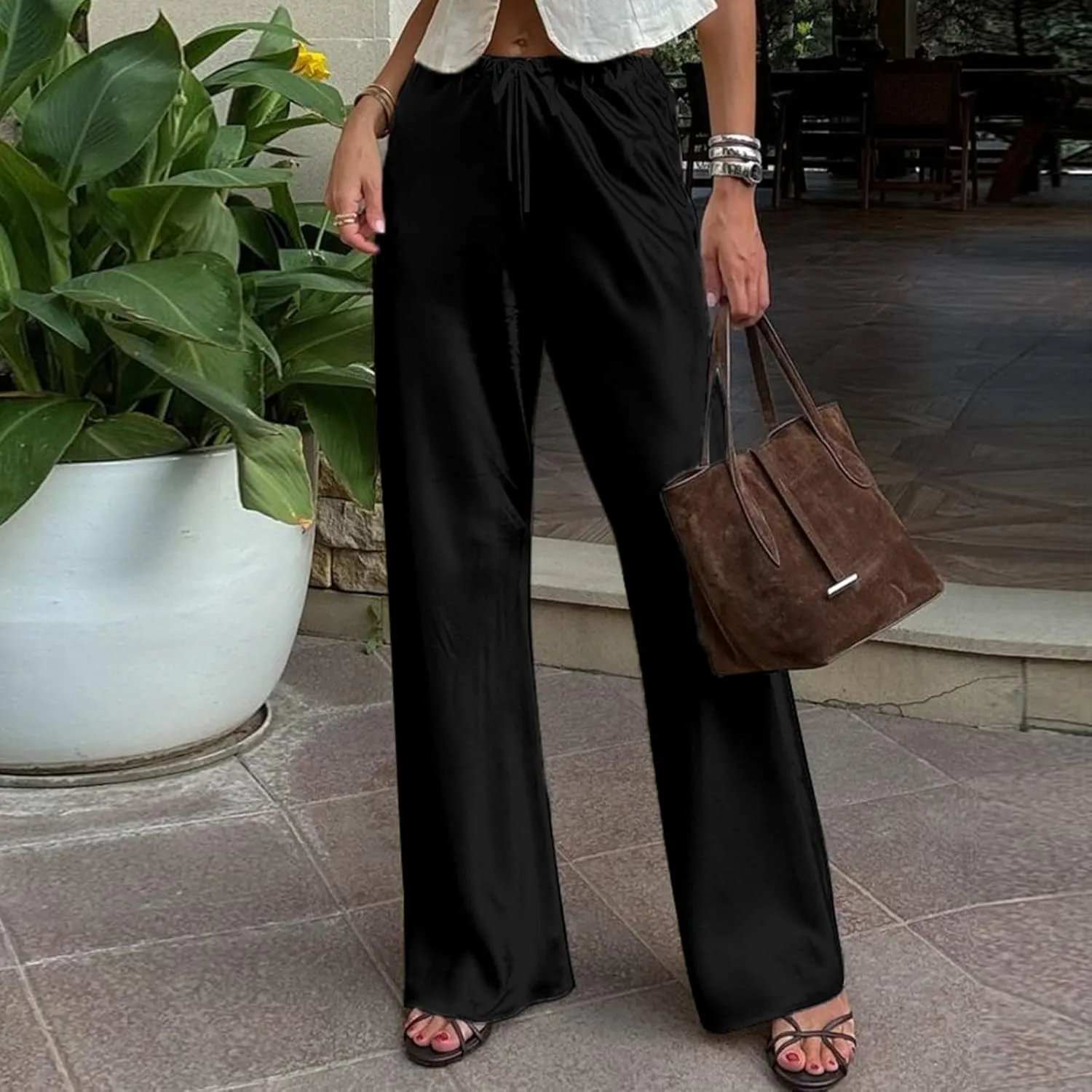 SOLILOQUY Women Y2K Satin Wide Leg Pants Casual Elastic High Waist Solid Loose Fit Lounge Pants Office Ladies Work Trousers
