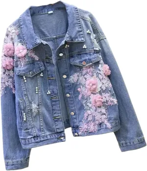 Spring Autumn Vintage Women Short Denim Jacket Fashion Flower Jeans Jacket Female Hole Bomber Outerwear
