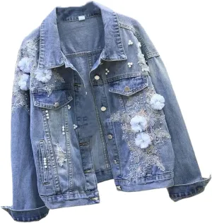 Spring Autumn Vintage Women Short Denim Jacket Fashion Flower Jeans Jacket Female Hole Bomber Outerwear