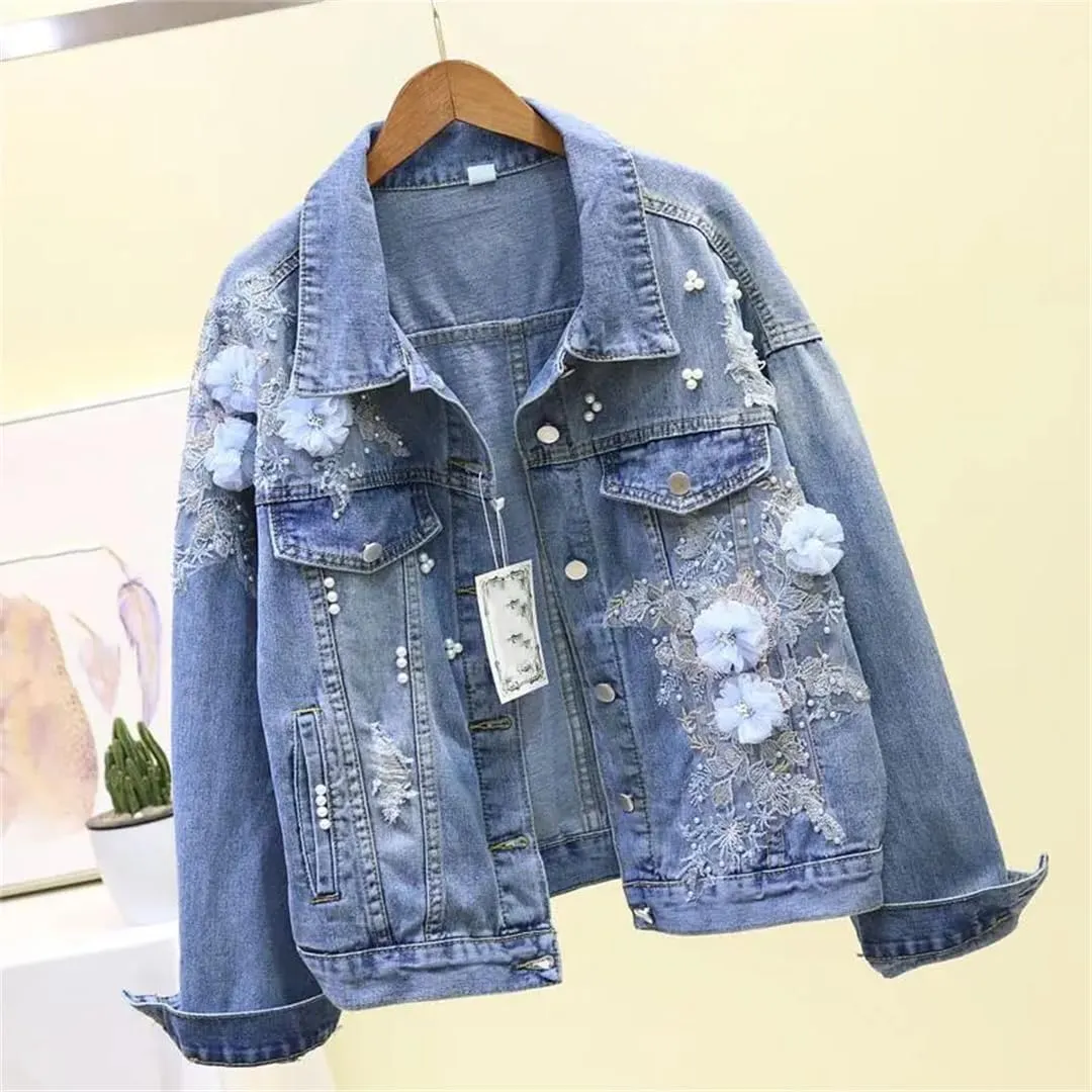 Spring Autumn Vintage Women Short Denim Jacket Fashion Flower Jeans Jacket Female Hole Bomber Outerwear