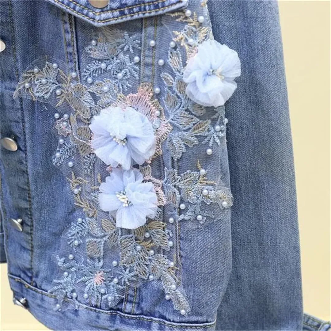 Spring Autumn Vintage Women Short Denim Jacket Fashion Flower Jeans Jacket Female Hole Bomber Outerwear