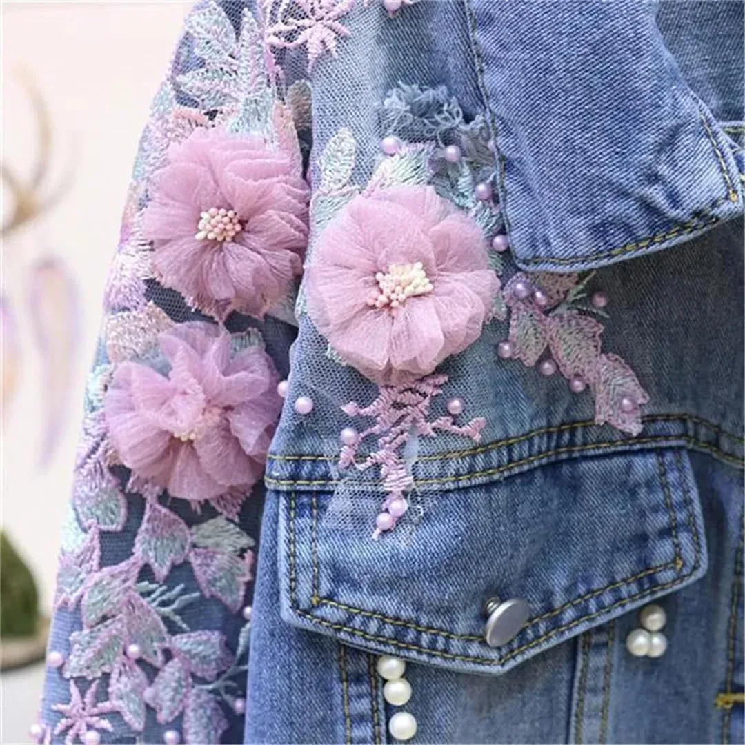 Spring Autumn Vintage Women Short Denim Jacket Fashion Flower Jeans Jacket Female Hole Bomber Outerwear