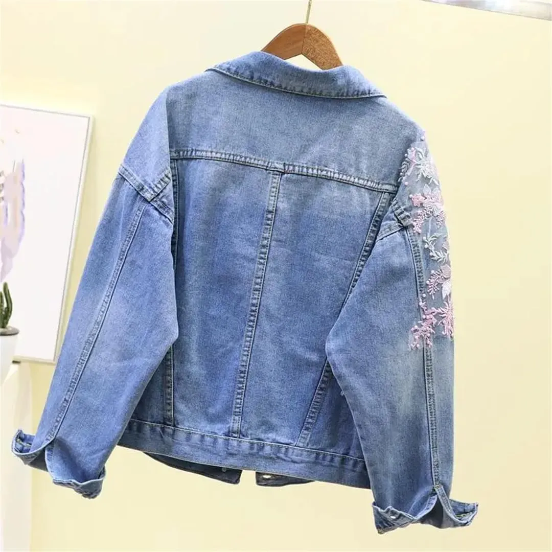 Spring Autumn Vintage Women Short Denim Jacket Fashion Flower Jeans Jacket Female Hole Bomber Outerwear
