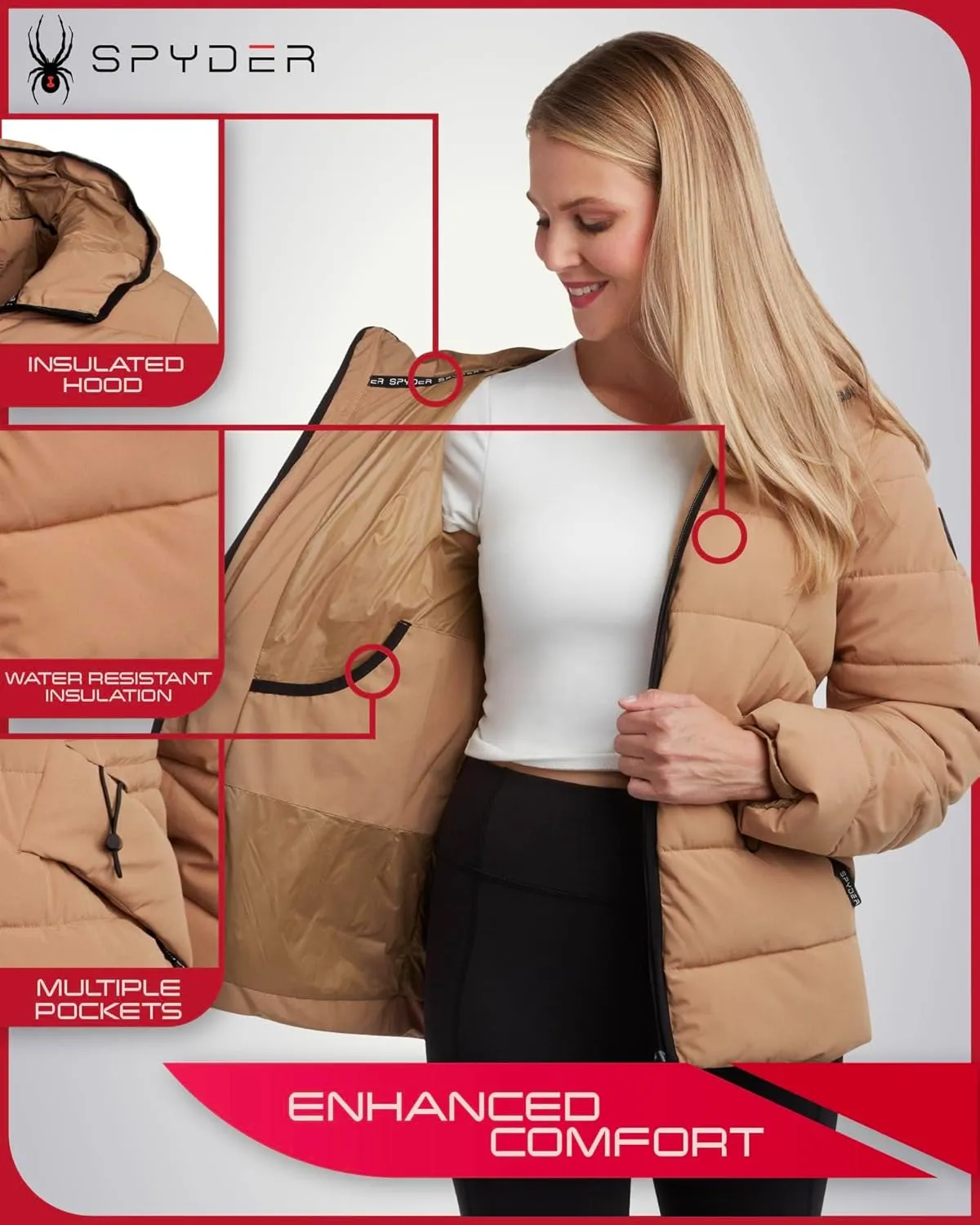 Spyder Women's Puffer Jacket - Water-Resistant Insulated Winter Coat with Cinched Waist - Womens Hooded Quilted Jacket (S-XL)