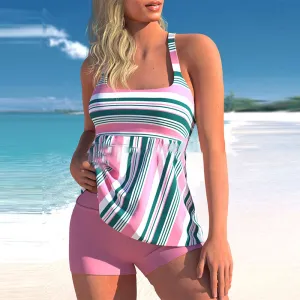 Striped Tankini with High-Waisted Boxer Shorts