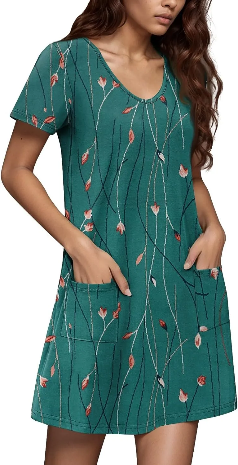 Summer Dresses for Women V Neck Short Sleeve Casual T Shirt Dress Beach Sundresses Swimsuit Coverup with Pockets
