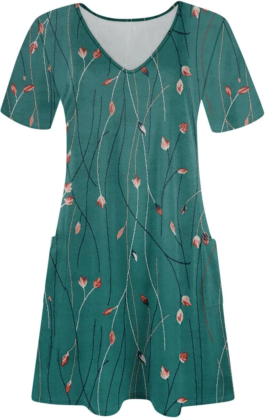 Summer Dresses for Women V Neck Short Sleeve Casual T Shirt Dress Beach Sundresses Swimsuit Coverup with Pockets