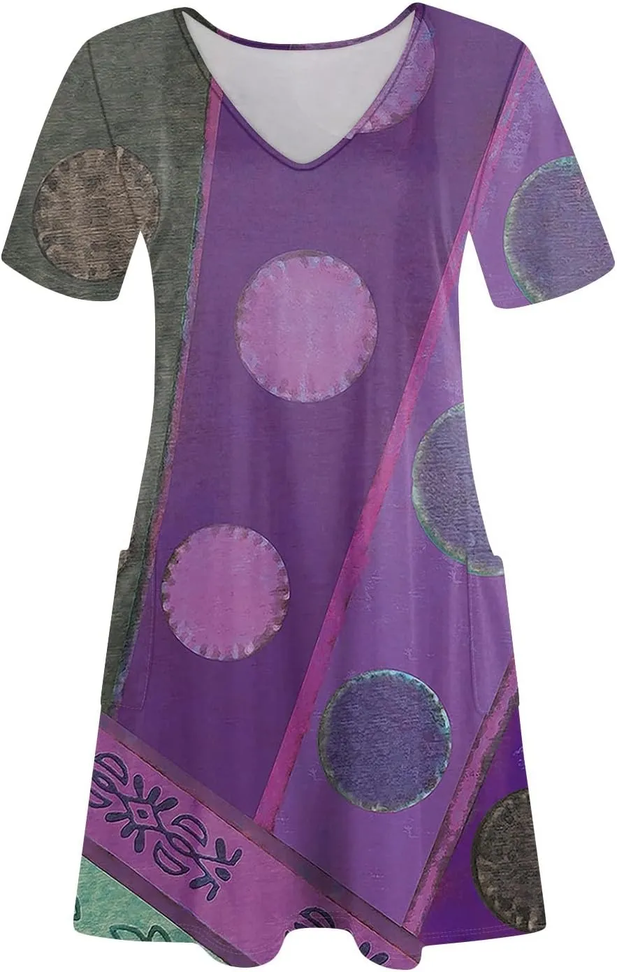 Summer Dresses for Women V Neck Short Sleeve Casual T Shirt Dress Beach Sundresses Swimsuit Coverup with Pockets