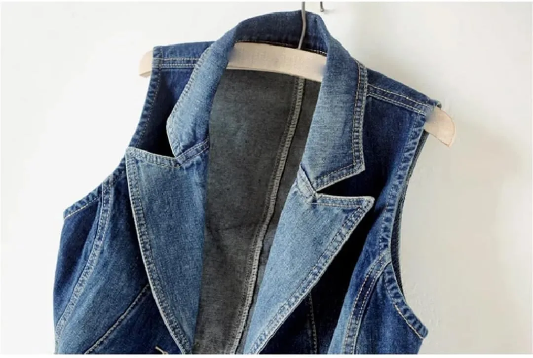 Summer Korean Slim Suit Collar Denim Vest Women Waistcoat Single Breasted Sleeveless Jacket Short Jeans Vests