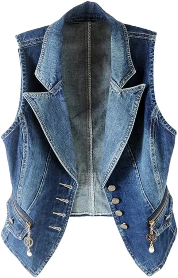 Summer Korean Slim Suit Collar Denim Vest Women Waistcoat Single Breasted Sleeveless Jacket Short Jeans Vests