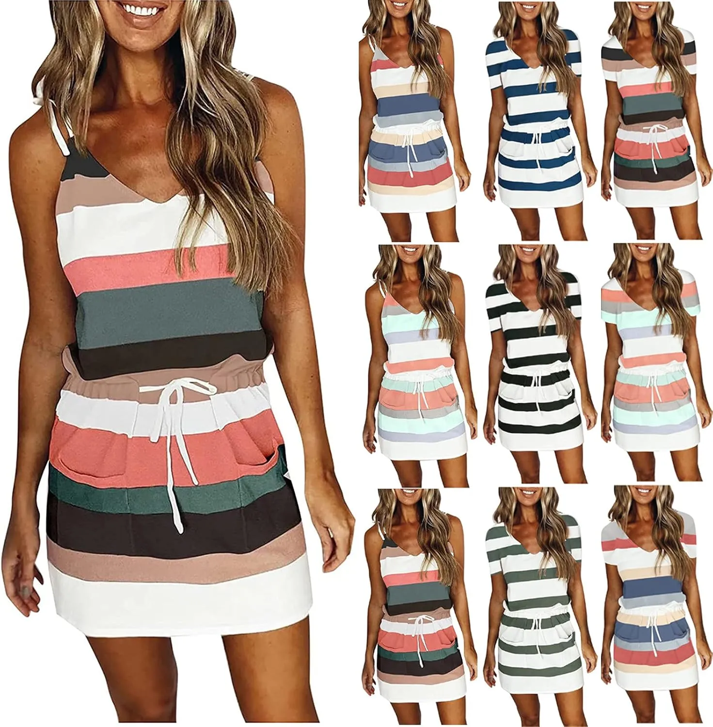 Sundresses for Women 2025 Summer Casual Dresses Striped Beach Party Dress Mini Tshirt Dress with Pocket Boho Dresses