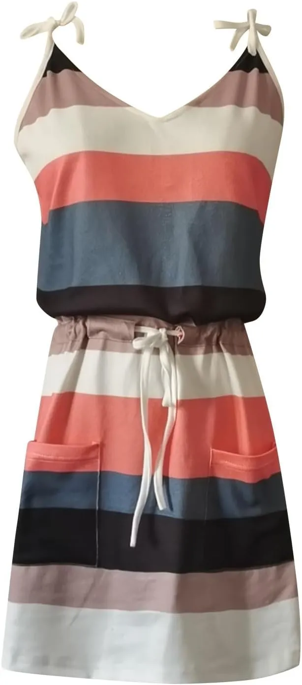 Sundresses for Women 2025 Summer Casual Dresses Striped Beach Party Dress Mini Tshirt Dress with Pocket Boho Dresses