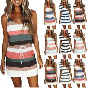 Sundresses for Women 2025 Summer Casual Dresses Striped Beach Party Dress Mini Tshirt Dress with Pocket Boho Dresses