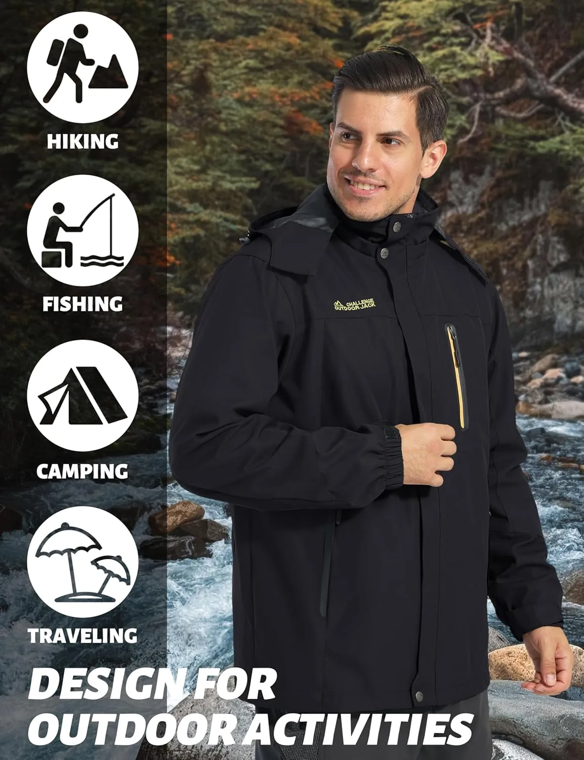 TACVASEN Mens Rain Jackets Water Resistant With Hood Windbreaker Lightweight Zip Jacket Climbing Fishing with Pockets