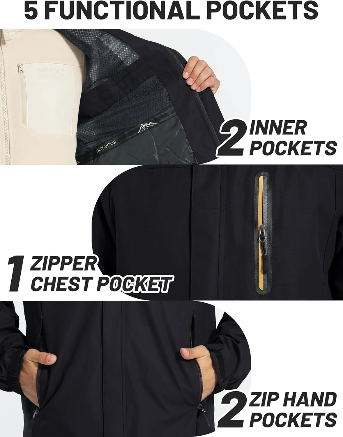 TACVASEN Mens Rain Jackets Water Resistant With Hood Windbreaker Lightweight Zip Jacket Climbing Fishing with Pockets