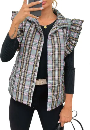 Tankaneo Womens Plaid Puffer Vests Ruffle Sleeveless Lightweight Quilted Vest Fall Winter Padded Gilets Coats