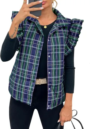 Tankaneo Womens Plaid Puffer Vests Ruffle Sleeveless Lightweight Quilted Vest Fall Winter Padded Gilets Coats