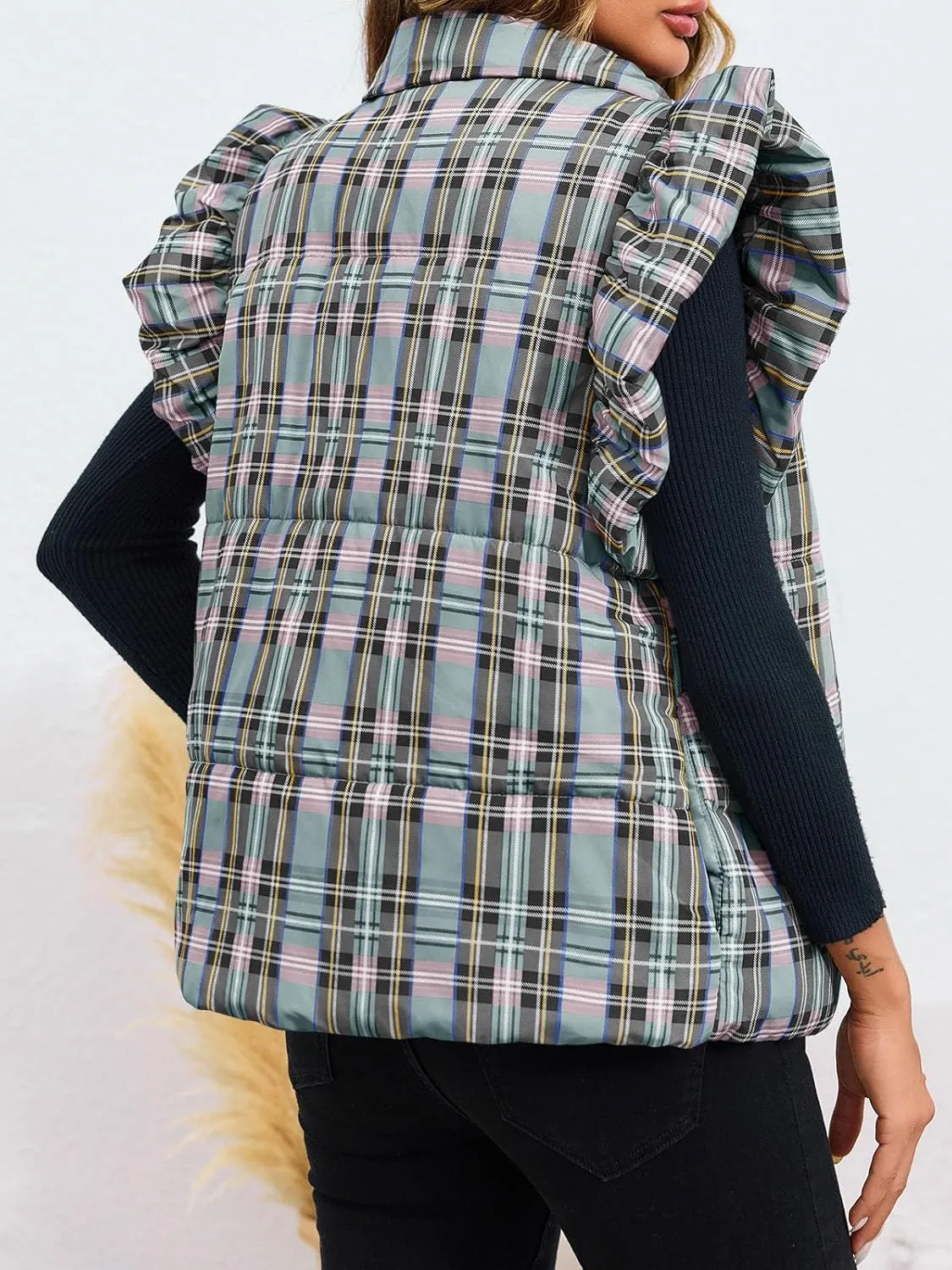 Tankaneo Womens Plaid Puffer Vests Ruffle Sleeveless Lightweight Quilted Vest Fall Winter Padded Gilets Coats