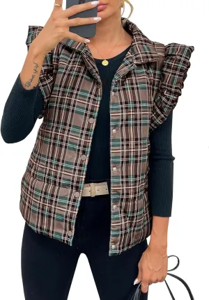 Tankaneo Womens Plaid Puffer Vests Ruffle Sleeveless Lightweight Quilted Vest Fall Winter Padded Gilets Coats