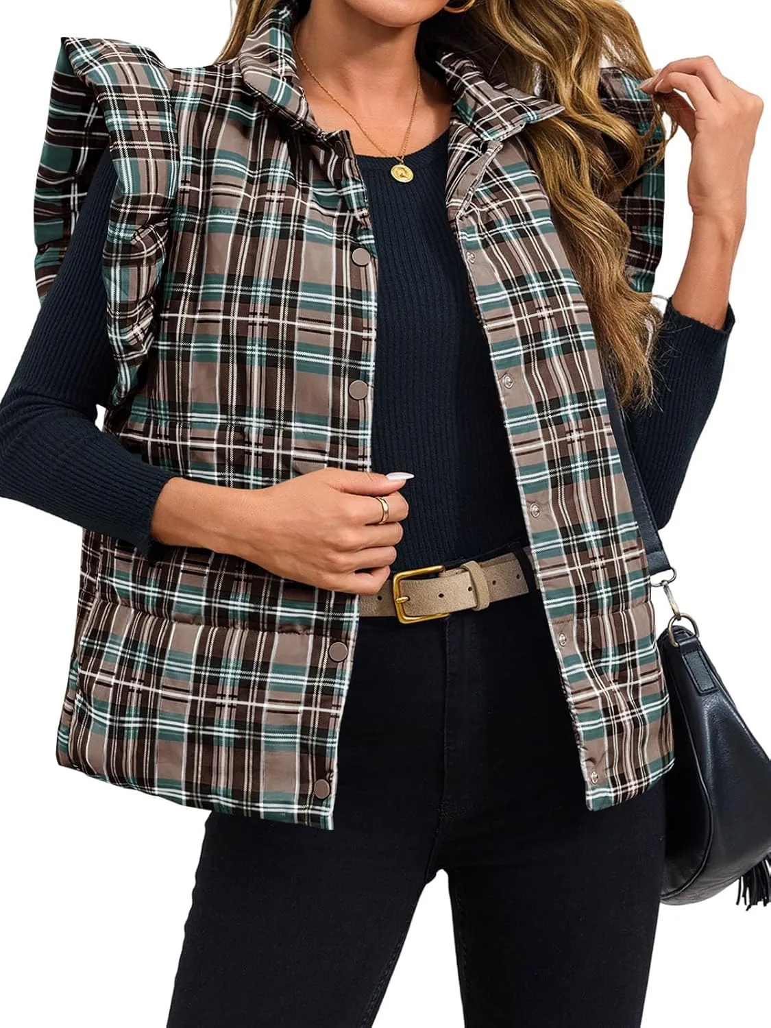 Tankaneo Womens Plaid Puffer Vests Ruffle Sleeveless Lightweight Quilted Vest Fall Winter Padded Gilets Coats