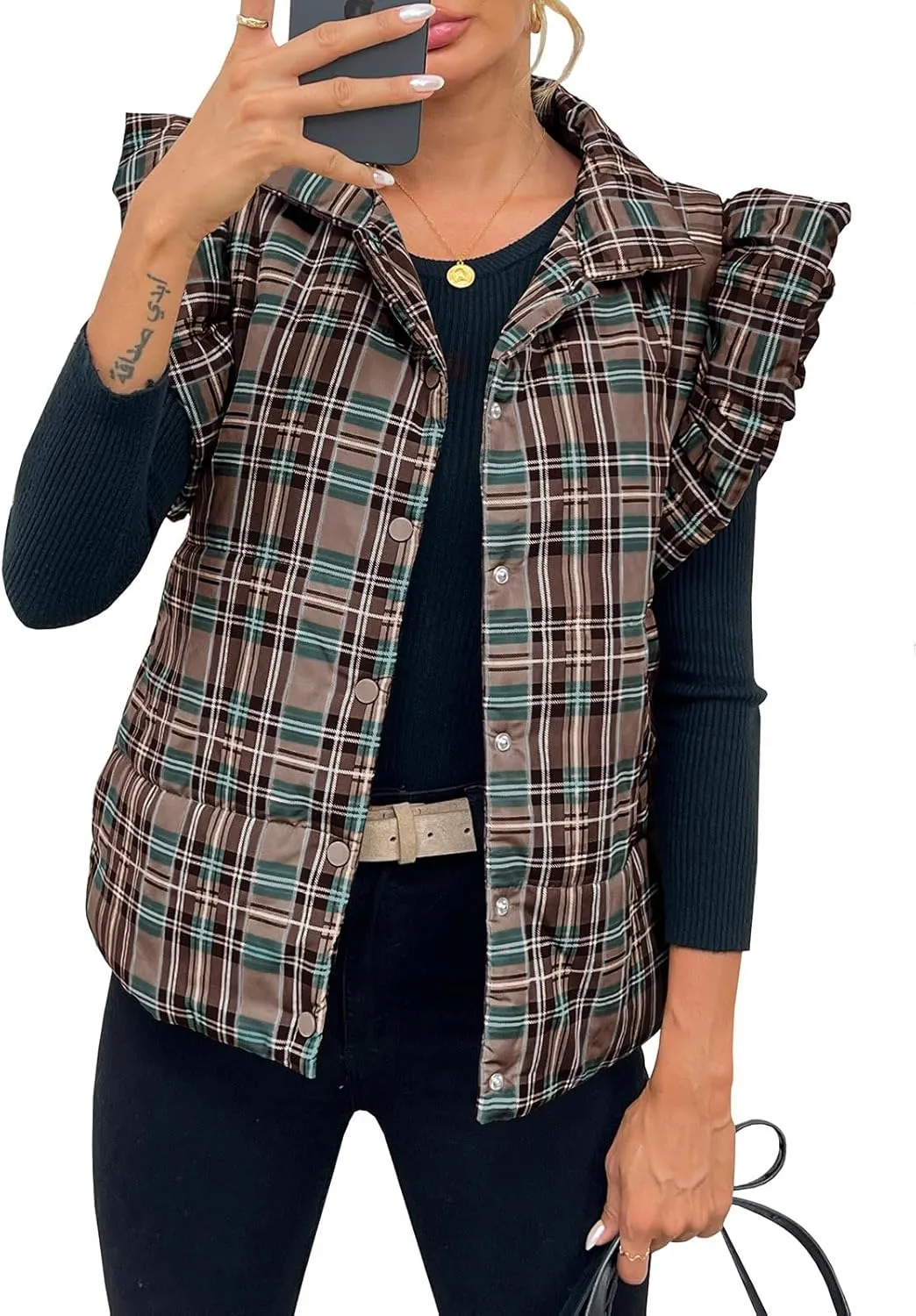 Tankaneo Womens Plaid Puffer Vests Ruffle Sleeveless Lightweight Quilted Vest Fall Winter Padded Gilets Coats
