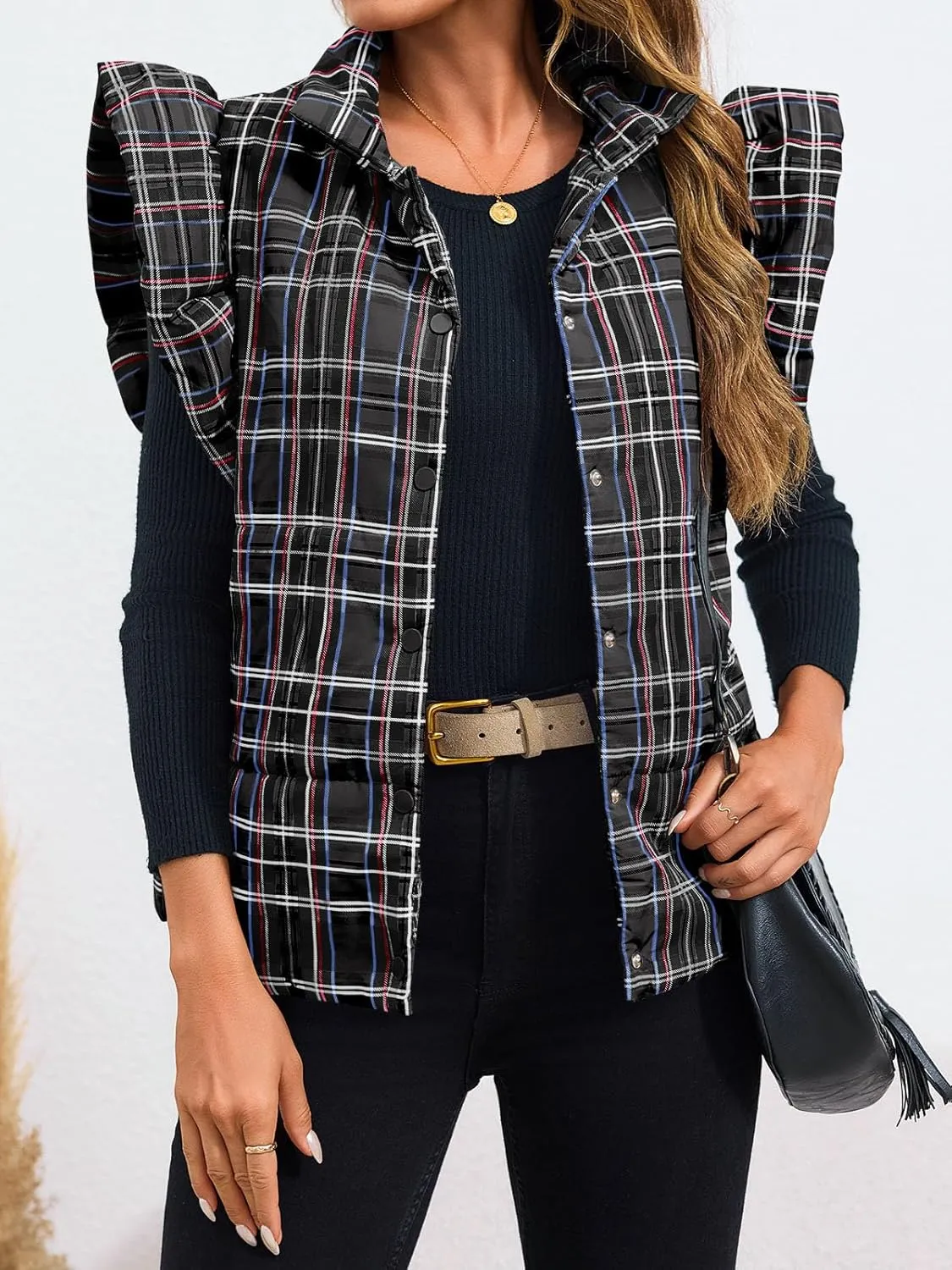 Tankaneo Womens Plaid Puffer Vests Ruffle Sleeveless Lightweight Quilted Vest Fall Winter Padded Gilets Coats