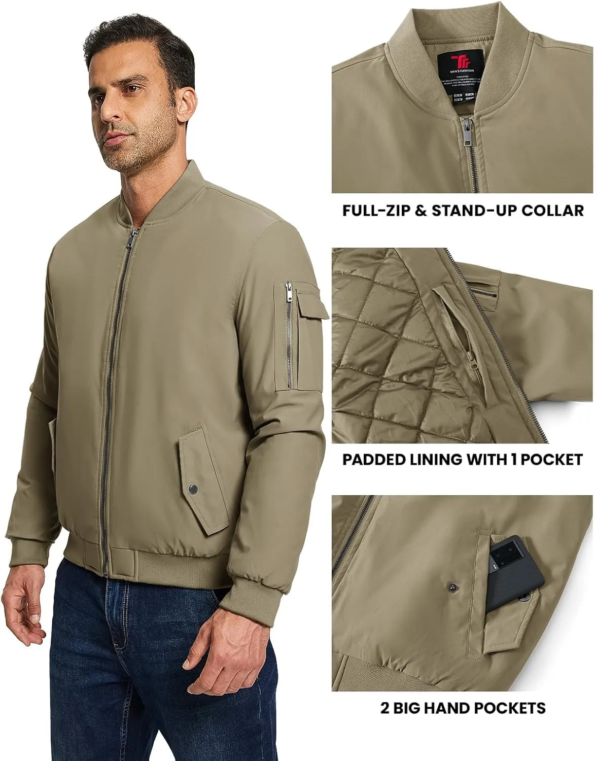 TBMPOY Men's Bomber Jacket Lightweight Winter Windbreaker Zip Up Padded Softshell Windproof Water-Resistant Casual Fall Coat