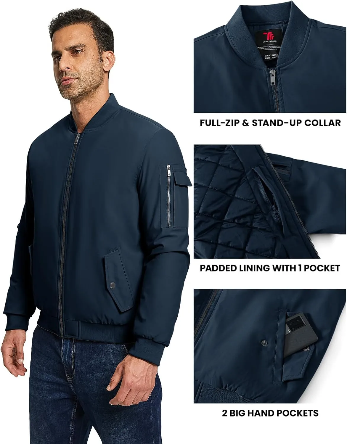 TBMPOY Men's Bomber Jacket Lightweight Winter Windbreaker Zip Up Padded Softshell Windproof Water-Resistant Casual Fall Coat