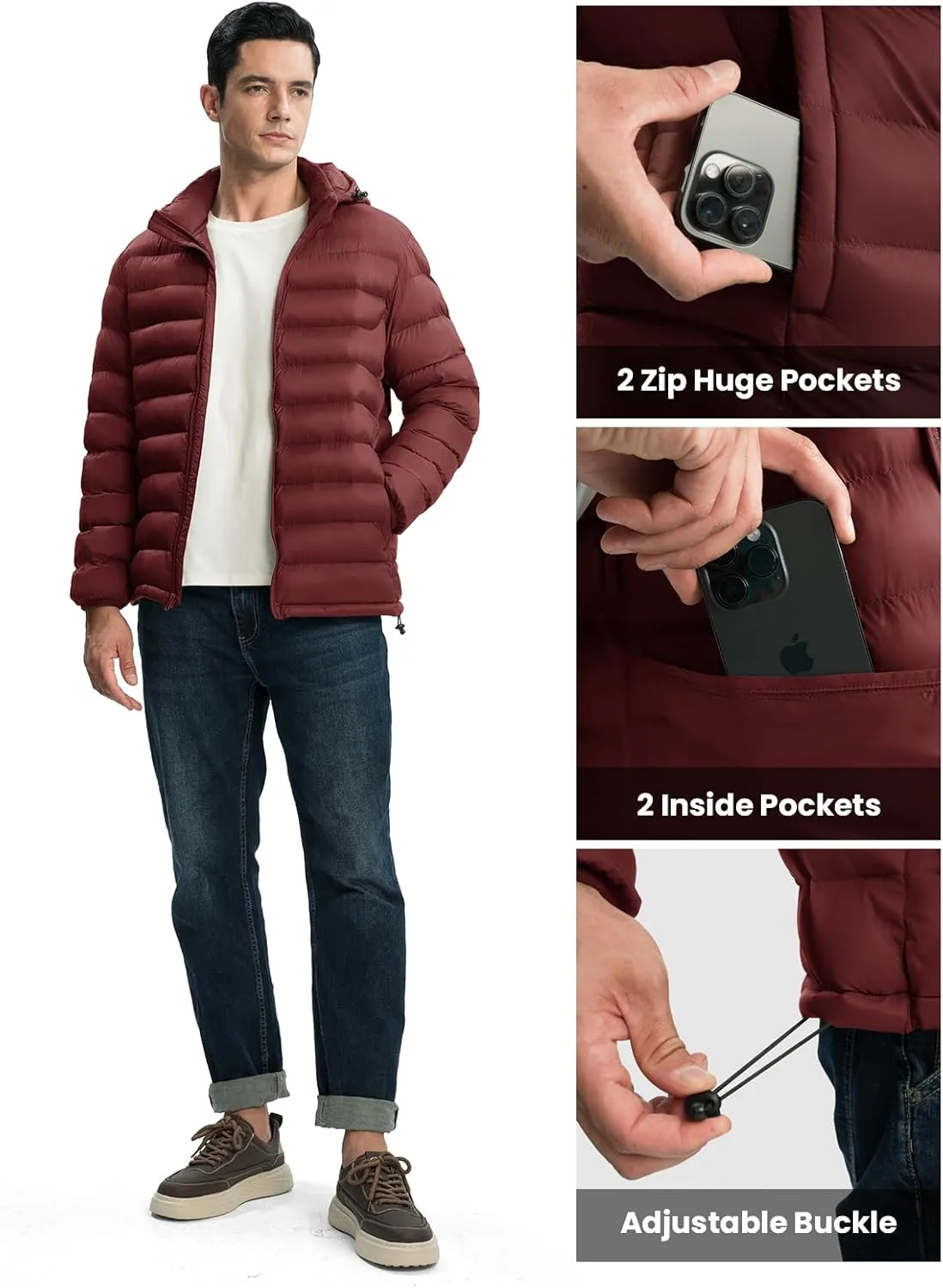 TBMPOY Men's Lightweight Puffer Jackets Detachable Hood Water-Resistant Casual Winter Coat Hooded Insulated for Travel Ski