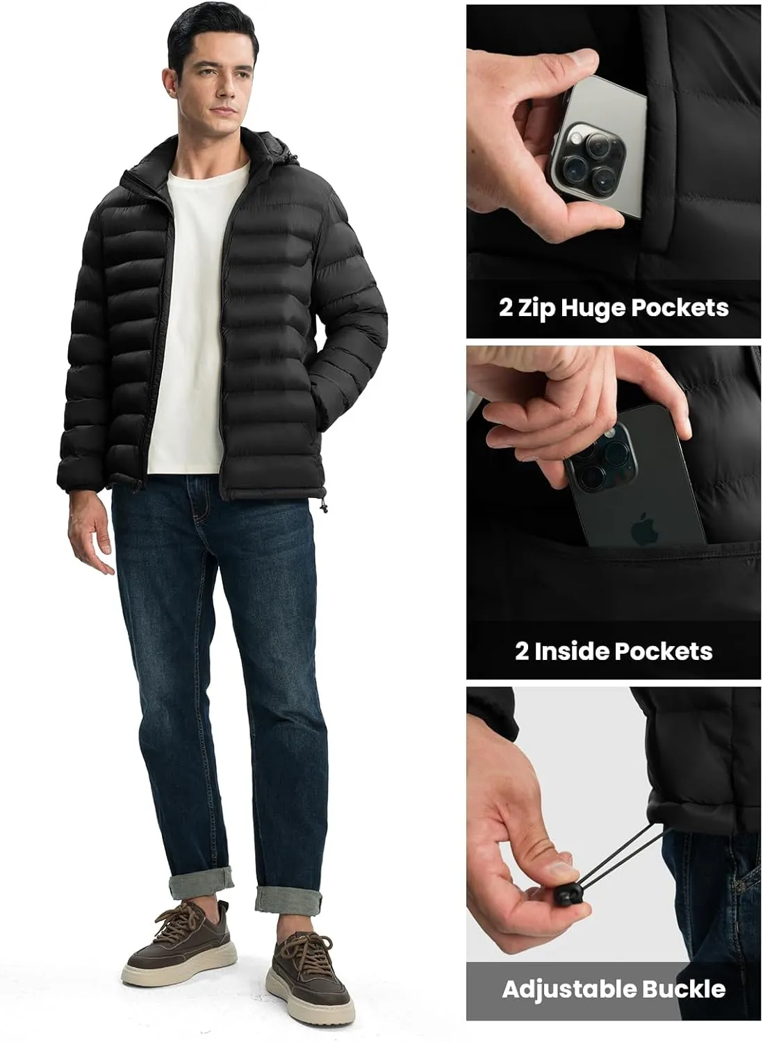 TBMPOY Men's Lightweight Puffer Jackets Detachable Hood Water-Resistant Casual Winter Coat Hooded Insulated for Travel Ski