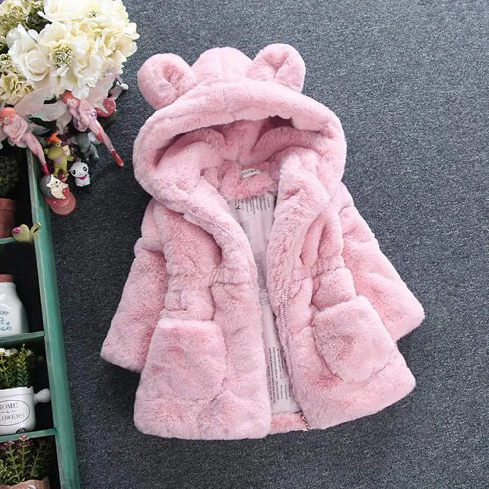 Toddler Baby Girl Winter Fur Hooded Coat Rabbit Ears Jacket Cloak Snowsuit Warm Outerwear Kids Clothes 6M-6Y