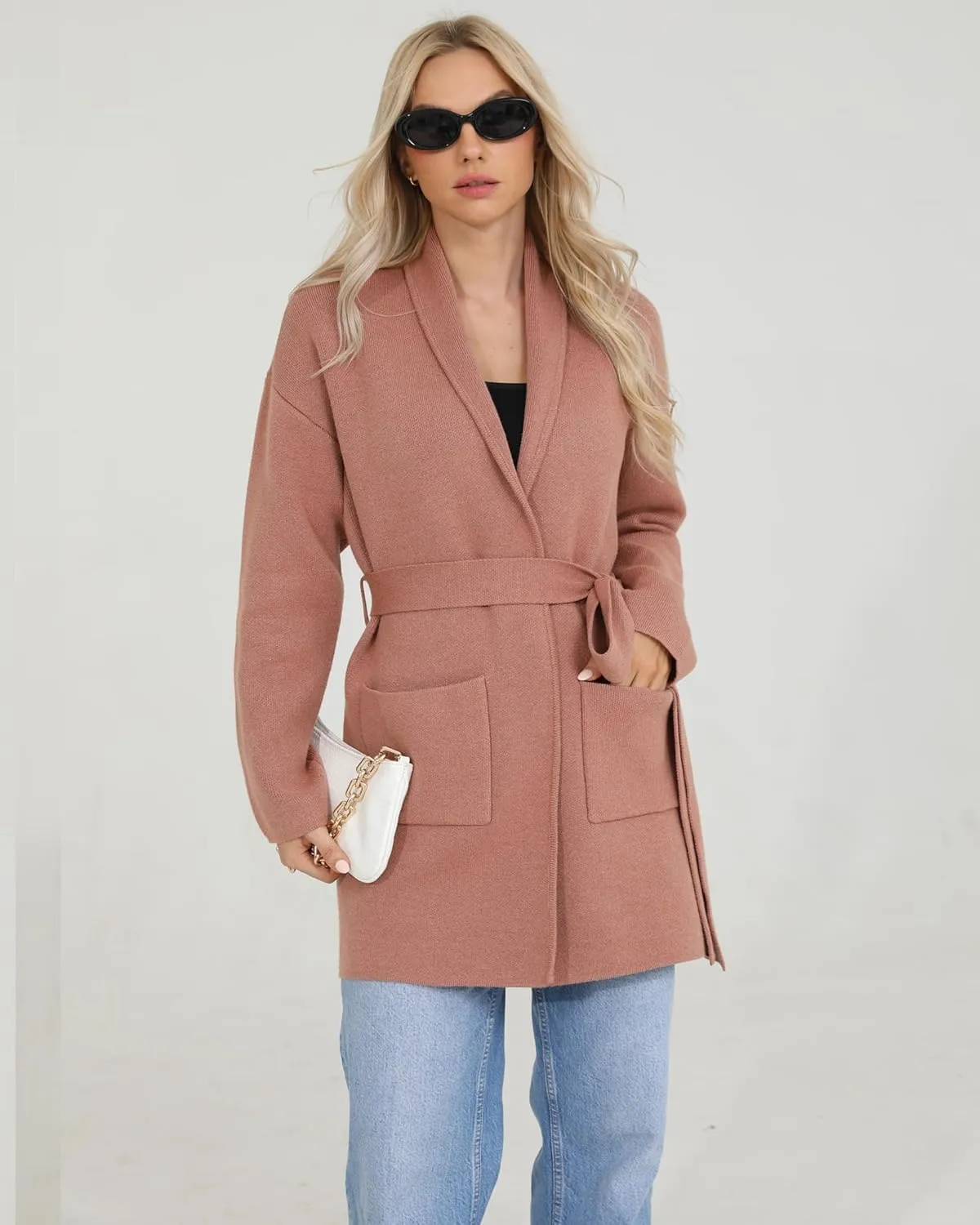 Totatuit Long Cardigan Sweaters for Women with Belt 2025 Fall Spring Open Front Knit Sweaters for Women with Pockets