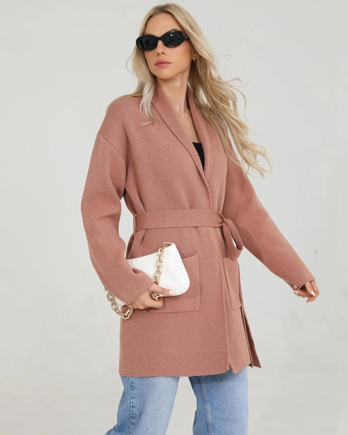 Totatuit Long Cardigan Sweaters for Women with Belt 2025 Fall Spring Open Front Knit Sweaters for Women with Pockets