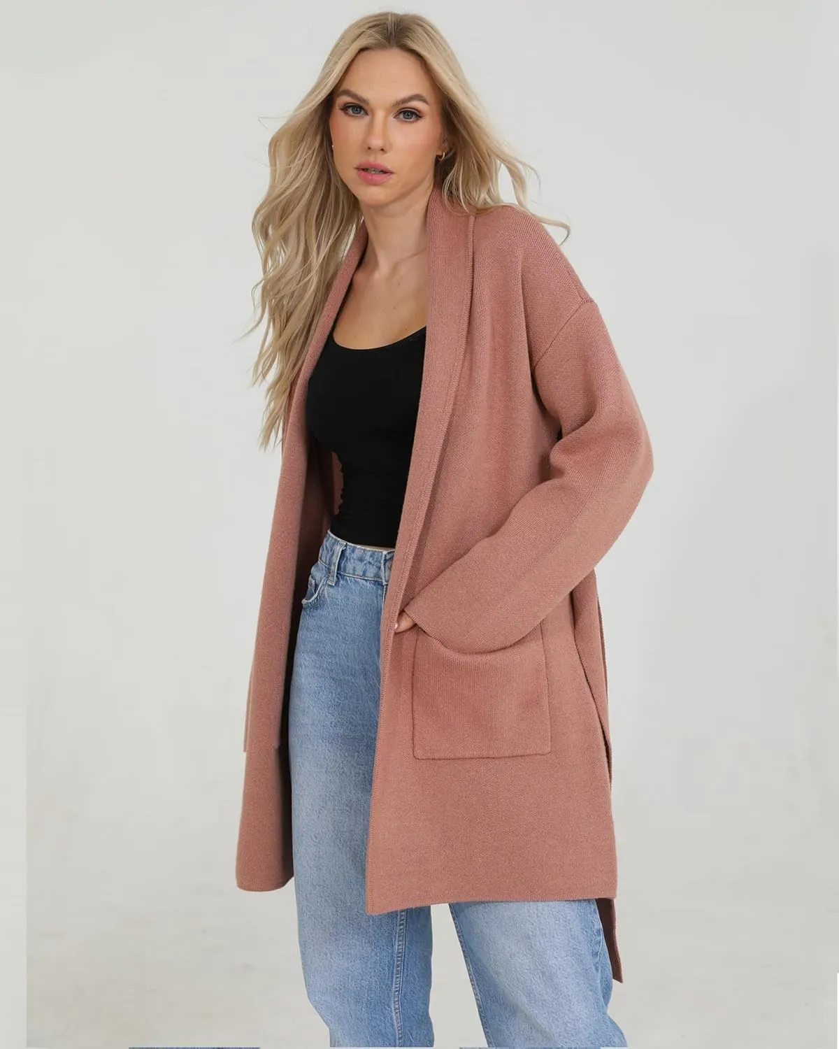 Totatuit Long Cardigan Sweaters for Women with Belt 2025 Fall Spring Open Front Knit Sweaters for Women with Pockets
